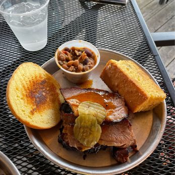 Edley's Bar-B-Que - Brisket sandwich with cornbread and baked beans. - Barbeque Near Me - Chattanooga, Tennessee Edley's Bar-B-Que - Brisket sandwich with cornbread and baked beans. - Barbeque Near Me - Chattanooga, Tennessee