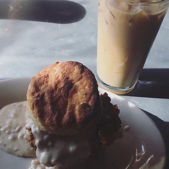 Krankies - Chicken Biscuit with Gravy and an iced hazelnut latte. - Coffee & Tea Near Me - Winston-Salem, North Carolina