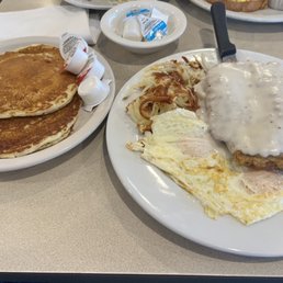 Country Fried Steak & Eggs! Choice of pancakes or toast, Pancakes pictured of course... Country Fried Steak & Eggs! Choice of pancakes or toast, Pancakes pictured of course...