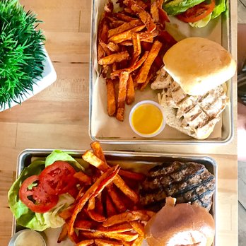Adair Kitchen - Top: Honey mustard + avocado chicken sandwich Bottom: Turkey burger - New American Near Me - Houston, Texas Adair Kitchen - Top: Honey mustard + avocado chicken sandwich Bottom: Turkey burger - New American Near Me - Houston, Texas