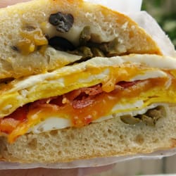 Grove Market - Bacon,  egg, cheese on olive bread toasted.
