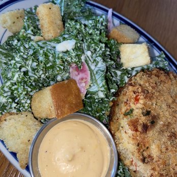 Kindred Fare - Crab cake on half kale salad - New American Near Me - Geneva, New York Kindred Fare - Crab cake on half kale salad - New American Near Me - Geneva, New York
