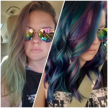 Eye Candy - Before & after. I previously had purple hair that faded to purple/green?/blonde. - Hair Salons Near Me - Midlothian, Texas