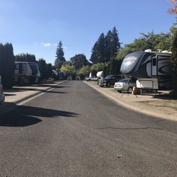 Creswell Court - A look down the block at a quiet little RV neighborhood at Creswell RV Park on 700 N Mills St. in Creswell Oregon.