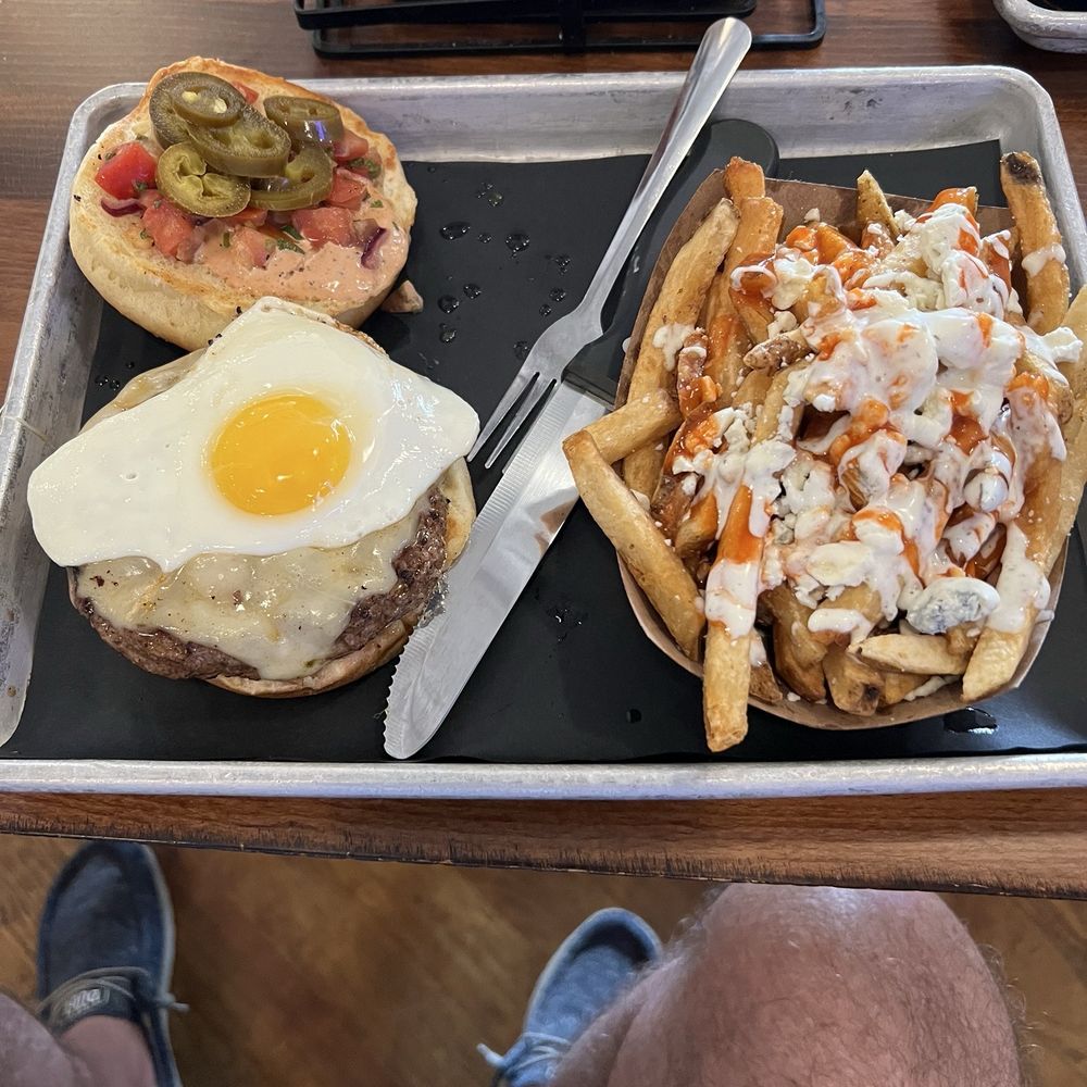 Ocmulgee Brewpub - The Blaze burger with buffalo blue cheese fries - New American Near Me - Macon, Georgia