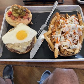Ocmulgee Brewpub - The Blaze burger with buffalo blue cheese fries - New American Near Me - Macon, Georgia