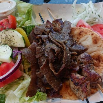 GRILLVILLE - Gyros and Pork kebabs combo plate - Greek Near Me - Libertyville, Illinois GRILLVILLE - Gyros and Pork kebabs combo plate - Greek Near Me - Libertyville, Illinois