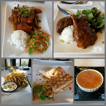 Blue Bamboo - Clockwise: General Chicken, 1/2 Canton Duck, Thai Tea Creme Brulee, Basil-Miso Salmon, Dragon Whiskers - Comfort Food Near Me - Jacksonville, Florida