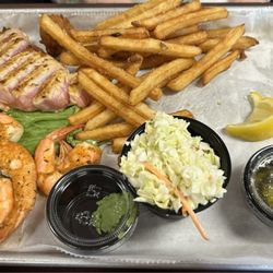 Rick's Crab Trap - Grilled tuna, steamed shrimp, fries, and coleslaw.