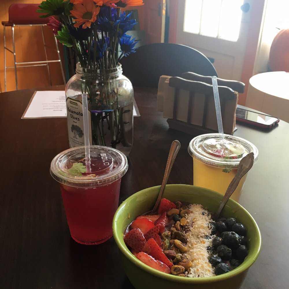 Hippy Chick Hummus - Hawaii bowl and kombucha, on the left is the butterfly tea blueberry and on the right is orange lavender. - Kombucha Near Me - Frederick, Maryland Hippy Chick Hummus - Hawaii bowl and kombucha, on the left is the butterfly tea blueberry and on the right is orange lavender. - Kombucha Near Me - Frederick, Maryland