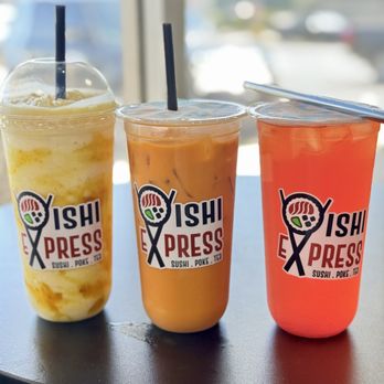 Oishi Express - Pina Colada Smoothie, Thai Tea, and Strawberry Fruit Tea. Soooo good! - Sushi Bars Near Me - Elk Grove, California Oishi Express - Pina Colada Smoothie, Thai Tea, and Strawberry Fruit Tea. Soooo good! - Sushi Bars Near Me - Elk Grove, California
