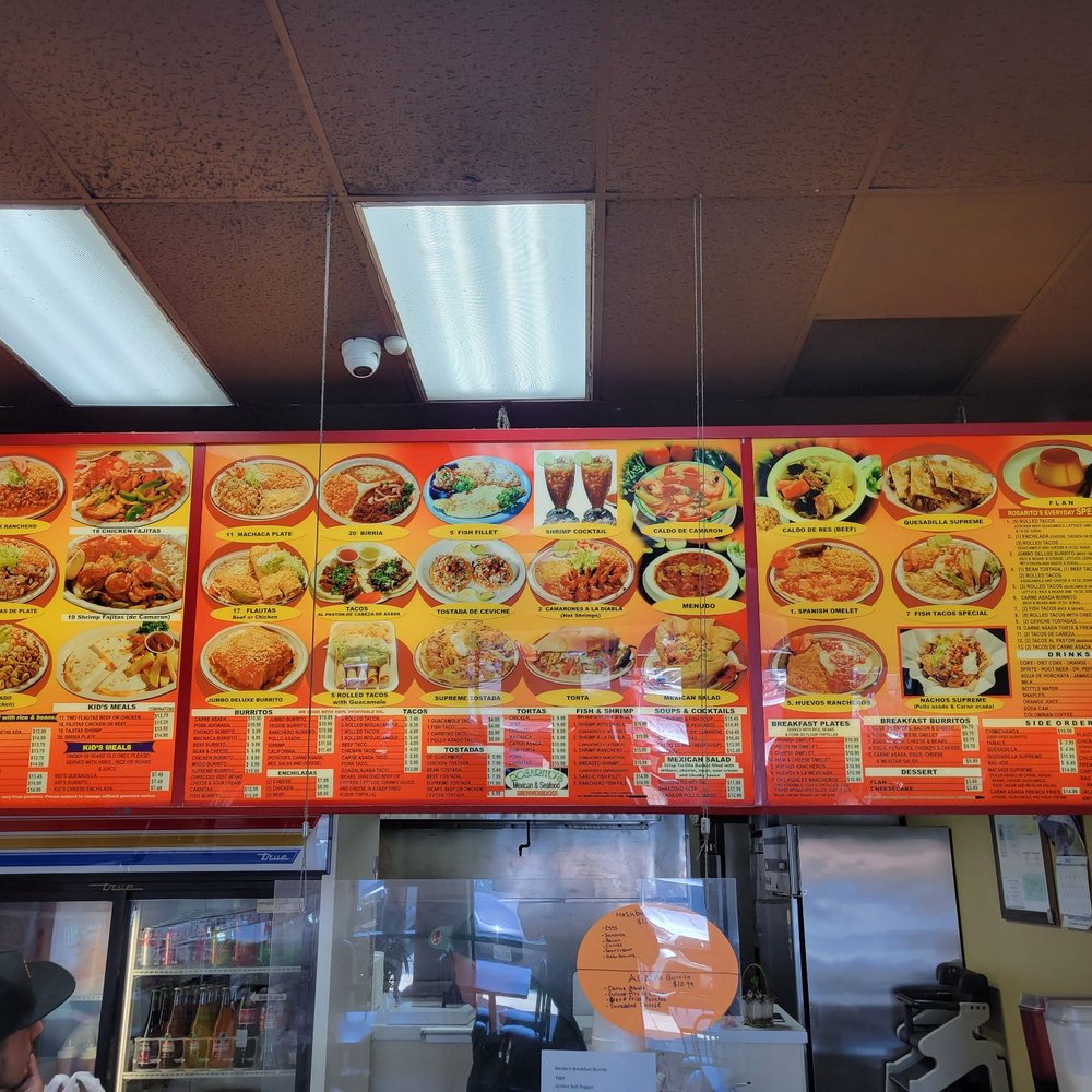 Rosarito's Mexican And Seafood - The menu above the front counter. - Mexican Near Me - Lakeside, California