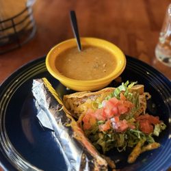 Crispy chicken taco and green chili cup with tortilla