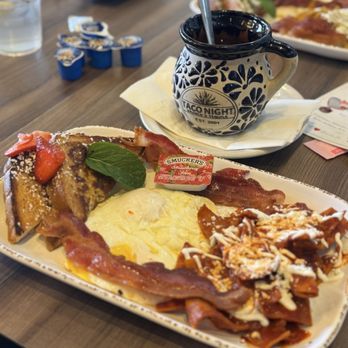 Taco Night & Tequila - Their Big Breakfast, chilaquiles, Classic French Toast, eggs, bacon and coffee. - Tacos Near Me - Phoenix, Arizona Taco Night & Tequila - Their Big Breakfast, chilaquiles, Classic French Toast, eggs, bacon and coffee. - Tacos Near Me - Phoenix, Arizona