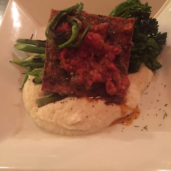 Plant - Black pepper tofu with cauliflower purée and broccolini. Yum! - Vegan Near Me - Asheville, North Carolina
