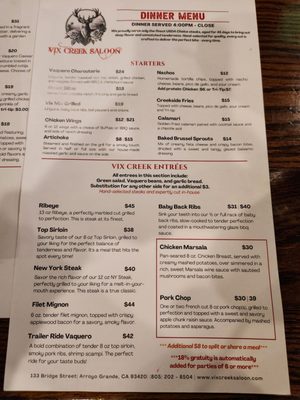 Menu photo 2 Vix Creek Saloon Arroyo Grande, CA