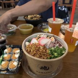 The Spot Mini - Seafood Udon, Spicy Salmon Roll, Passionfruit Green Tea with mango popping
