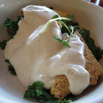 Ria's Bluebird - Country Fried Tempeh - house gravy, grilled tomato, sauteed kale, grilled buttermilk biscuit. - Southern Near Me - Atlanta, Georgia
