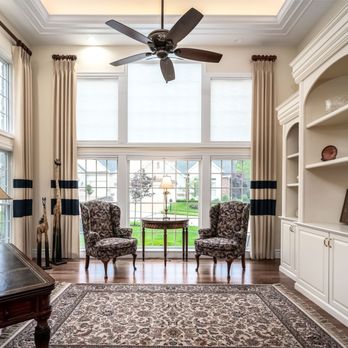 Discount Draperies - Stationary Pinch Pleat Panels with Contrast banding - Shades & Blinds Near Me
