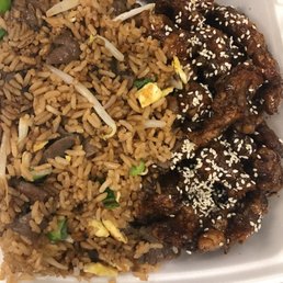 Sesame chicken and beef fried rice