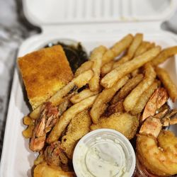 Smokin’ Wings and Southern Things - Fried Catfish and Shrimp, fries, collard greens, corn bread