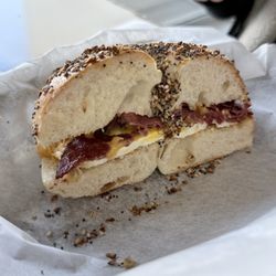 Bagel Factory - Pastrami, Egg, Cheese sandwich w/ everything bagel