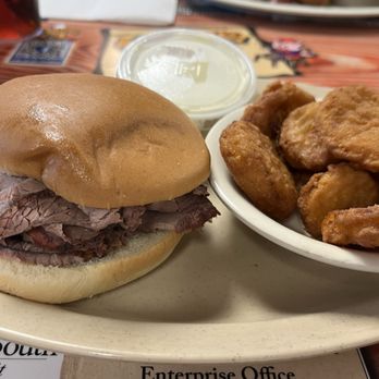 Larry's Real Pit Bar-B-Q - Sliced beef and fried yellow squash with a side of ranch - Restaurants Near Me - Enterprise, Alabama Larry's Real Pit Bar-B-Q - Sliced beef and fried yellow squash with a side of ranch - Restaurants Near Me - Enterprise, Alabama