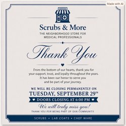 Scrubs and More - Store closing permanently Tuesday September 29th at 600pm..Thank you!