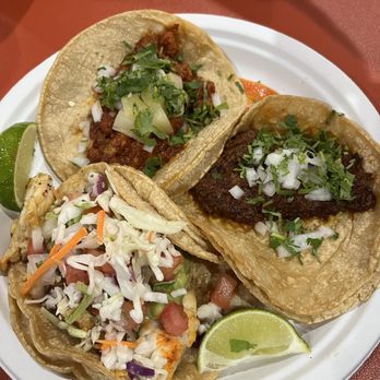 Chela's - Taco trio - one tilapia, one barbacoa, and one al pastor - Mexican Near Me - Ann Arbor, Michigan