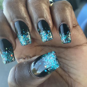 Jolette’s Nail Studio - New gel set with black base color with gold and teal glitter. I'm ready for Thanksgiving!!!! - Nail Technicians Near Me - Stockton, California