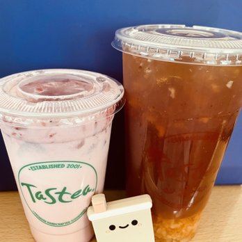 Tastea - 20oz Strawberry Milk Tea + 32oz The Unknown (mango & passionfruit black tea w diced longan). It's HUGE! - Bubble Tea Near Me - Newark, California Tastea - 20oz Strawberry Milk Tea + 32oz The Unknown (mango & passionfruit black tea w diced longan). It's HUGE! - Bubble Tea Near Me - Newark, California