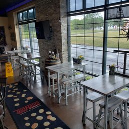 tables and chairs in front of a large window