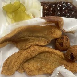 One Stop Candy Shop & Grill - 2 pc catfish with Cole slaw, pickles, onions, baked beans, hush puppies