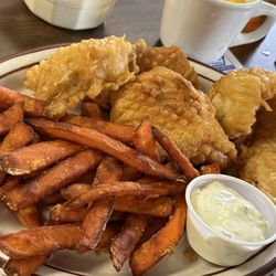 Rhodes Cafe - Walleye and sweet potato fries - like soft mashed potatoes inside the crunch.