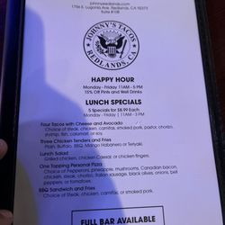Johnny's Tacos And Sports - Menu