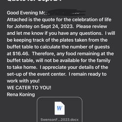 Koning Maple Lane Event Center - Response from Rena regarding the plates