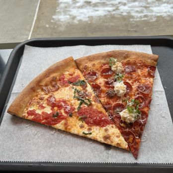 Pop's Pizza - Left: Margarita slice. Right/ Spicy Pepperoni with Ricotta Cheese and hot honey. - Pizza Near Me - New York, New York Pop's Pizza - Left: Margarita slice. Right/ Spicy Pepperoni with Ricotta Cheese and hot honey. - Pizza Near Me - New York, New York
