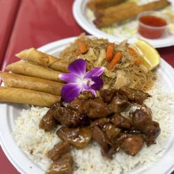 Lumpias Wheel - Pork Adobo plate (comes with rice, pancit, and pork lumpia)