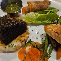 Special very tender steak and fish with lumpia