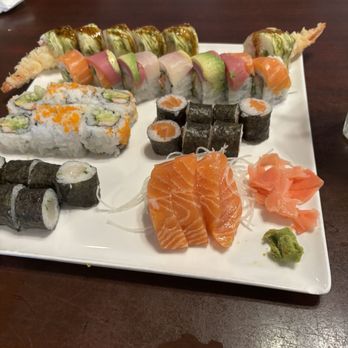 Sake Garden - Rocky 2 roll (I think), rainbow roll, California roll, salmon roll, scallop roll, and salmon sashimi - Japanese Near Me - Mandeville, Louisiana