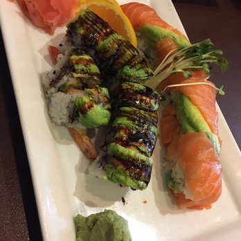 Kazu - Salmon deluxe and dragon shrimp roll - Sushi Bars Near Me - Stuart, Florida Kazu - Salmon deluxe and dragon shrimp roll - Sushi Bars Near Me - Stuart, Florida