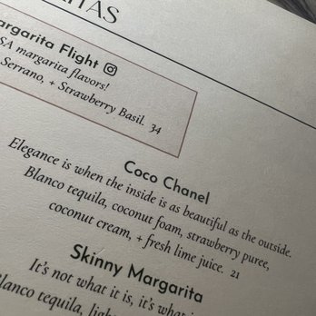 DIOSA - Drink Menu super fun n pretty Coco Chanel pretty pink drink - New Mexican Cuisine Near Me - Downey, California