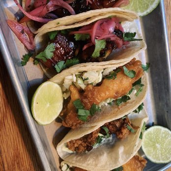 Bartaco Chastain Park - Left to right: pork belly tacos (2), Baja taco (1), oyster taco (1), Baja taco (1) - Mexican Near Me - Atlanta, Georgia Bartaco Chastain Park - Left to right: pork belly tacos (2), Baja taco (1), oyster taco (1), Baja taco (1) - Mexican Near Me - Atlanta, Georgia