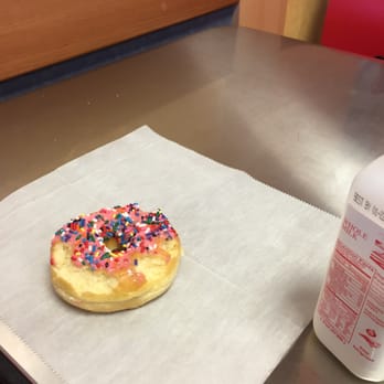 Daily Donuts - pink frosting with sprinkles and maple view milk (I love the way my toddler eats a donut, frosting first!) - Donuts Near Me - Graham, North Carolina Daily Donuts - pink frosting with sprinkles and maple view milk (I love the way my toddler eats a donut, frosting first!) - Donuts Near Me - Graham, North Carolina