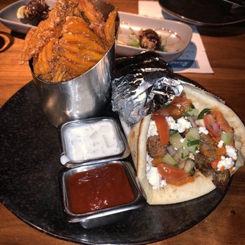 Linger - Lamb Pita Wrap & Sweet Potato Waffle Fries - Asian Fusion Near Me - Denver, Colorado Linger - Lamb Pita Wrap & Sweet Potato Waffle Fries - Asian Fusion Near Me - Denver, Colorado