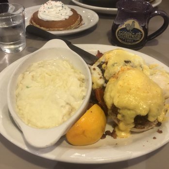 Egg Harbor Café - Bacon and Fried Green Tomatoes Egg Benedict with Cheese grits MOST EXCELLENT - Breakfast & Brunch Near Me - Naperville, Illinois