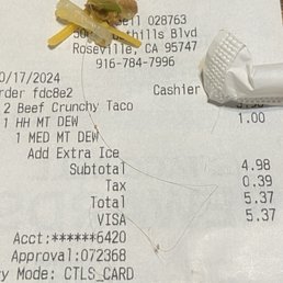 My receipt and the hair that was in my mouth when I bit into the taco! Ugh!I can still almost feel that hair in my mouth My receipt and the hair that was in my mouth when I bit into the taco! Ugh!I can still almost feel that hair in my mouth