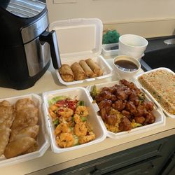 Tai Pan Restaurant - Almond Chicken, Crispy Spicy Jumbo Shrimp, General Taos Chicken, Japanese Style Chicken Fried Rice. Egg Rolls, Spring Rolls on top