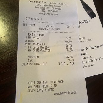 Barbrix - Receipt - Wine Bars Near Me - Los Angeles, California