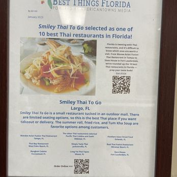 Smiley Thai To Go - Just a copy of their award win for Best Thai Food in Florida. - Thai Near Me - Largo, Florida Smiley Thai To Go - Just a copy of their award win for Best Thai Food in Florida. - Thai Near Me - Largo, Florida
